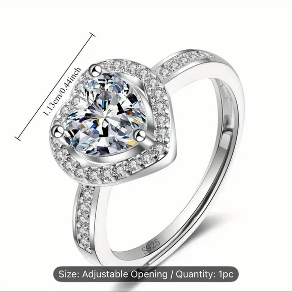 Silver Heart Cut Stone Ring with Pave Detailing Adjustable - Picture 7 of 14